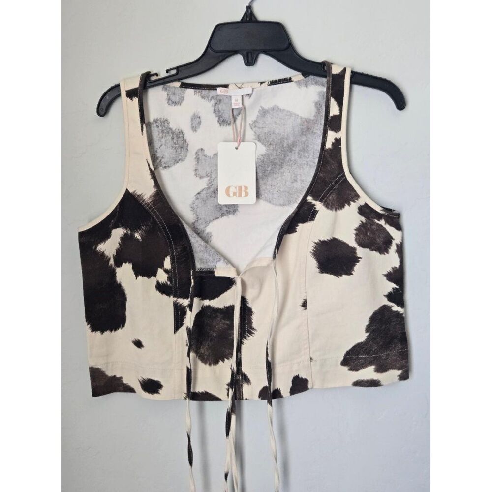 GB Brown and White Cow Print Front Tie Corset Cropped Top Medium NWT